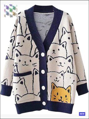 Oversized Cat Print V-Neck Cardigan Sweater Kawaii Cute Button Down Fall